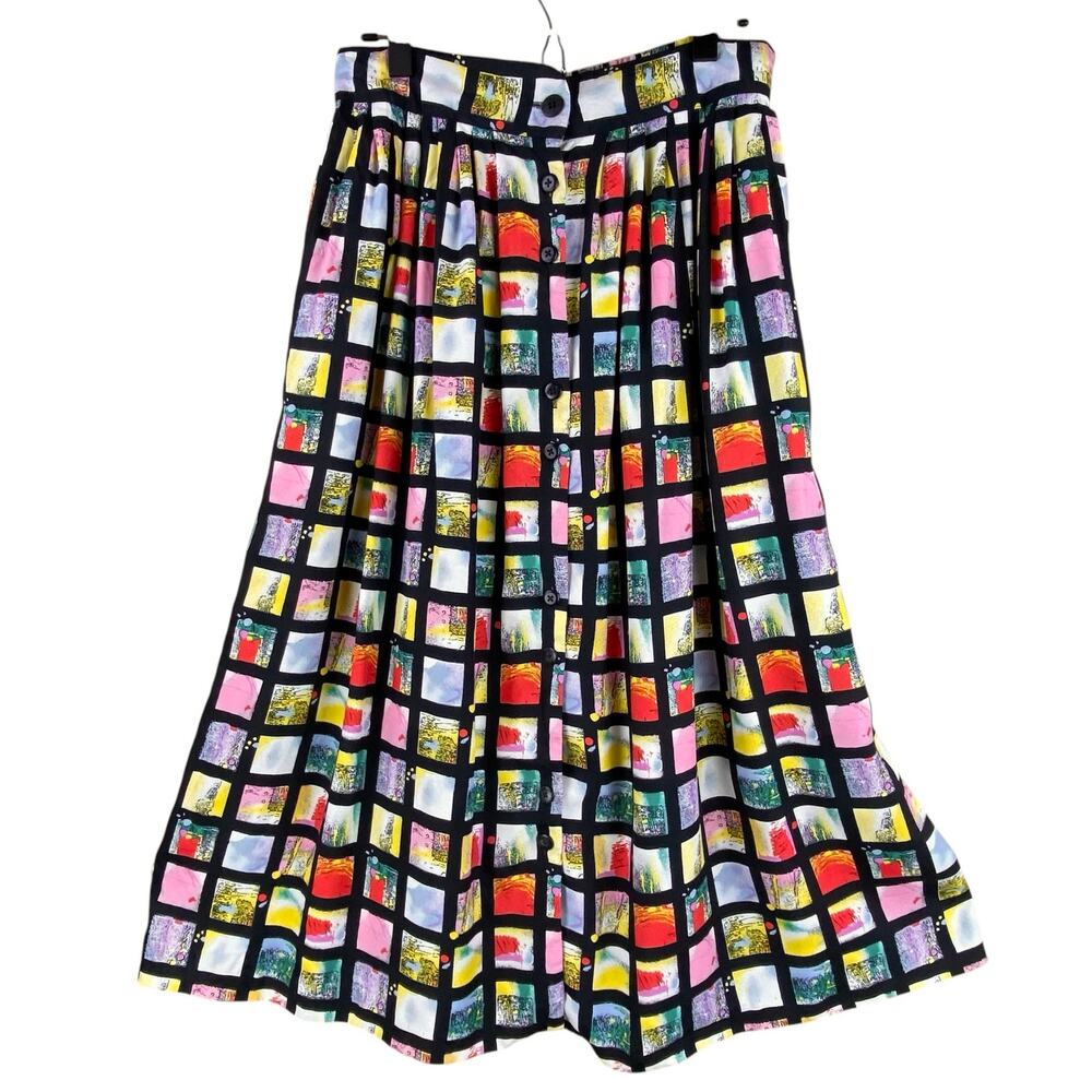 Vintage 80's Midi Skirt Size L Button Front A.F.K. New York Flowy Art To Wear